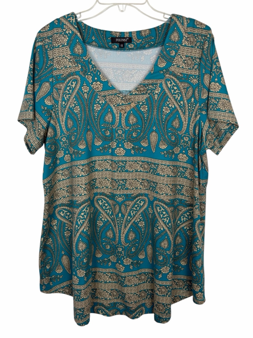 Folunsi NWOT Women’s Short Sleeve V-Neck Paisley Print Tunic Top.  Size 1X.